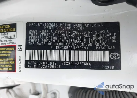 2008 Toyota Avalon Xl z USA, uszkodzony, nr VIN 4T1BK36B28U279111